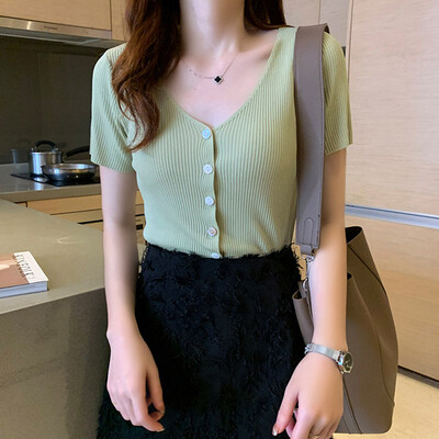 

Women tshirt Summer Fashion Concsie Casual All-match Solid Color Slim Fit V-collar Short Style T-shirts