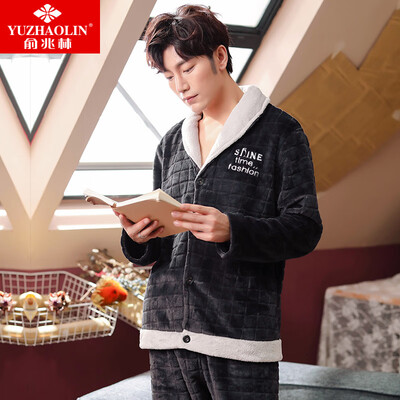 

Yu Zhaolin YUZHAOLIN pajamas mens autumn&winter thick flannel long-sleeved cardigan lapel&cashmere home service suit mens navy blue plaid XL