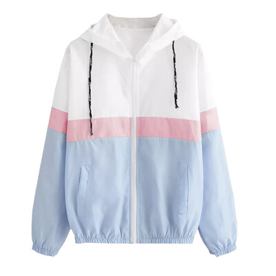 

Toponeto Women Long Sleeve Patchwork Thin Skinsuits Hooded Zipper Pockets Coat BKL