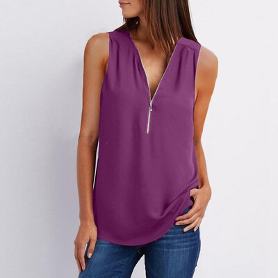 

New Women Loose Vest Tank Top V-Neck Sleeveless Zipper Casual Chiffon Shirt Top Pullover