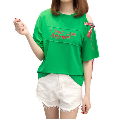 

Womens O-Neck Cold Shoulder Letter Embroidery Short Sleeve Lace Up Appliques Pullover T-Shirt
