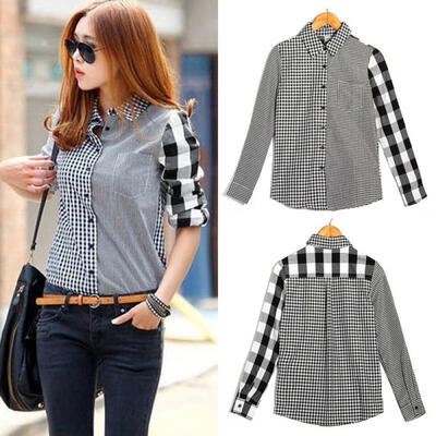 

Newest Fashion Womens Long Sleeve Plaids Tops Casual Blouse Shirt Tops