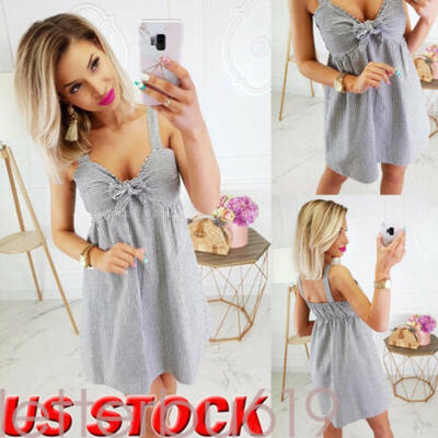 

New Women Holiday Beach Striped print Boho Casual Party Sun Mini Dress Sundress