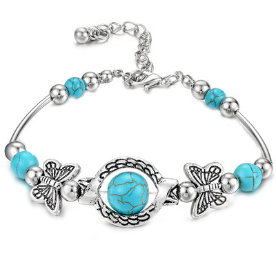 

Tibetan Silver Butterfly Turquoise Beads Charm Bracelet Jewelry for Women Style