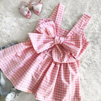 

US Toddler Kids Baby Girl Summer Bow-Knot Plaid Party Dress Casual Clothes 1-6Y