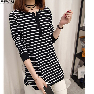 

Womens Striped V-Neck Long Sleeve T-Shirt Temperament Korean Style Casual Long T-Shirts Tops