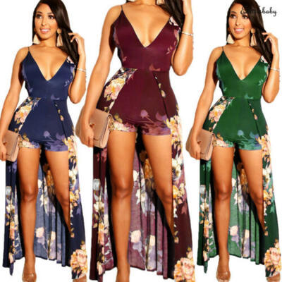 

Womens Floral Playsuit Party Split Maxi Long Dress Summer Beach Jumpsuit Romper
