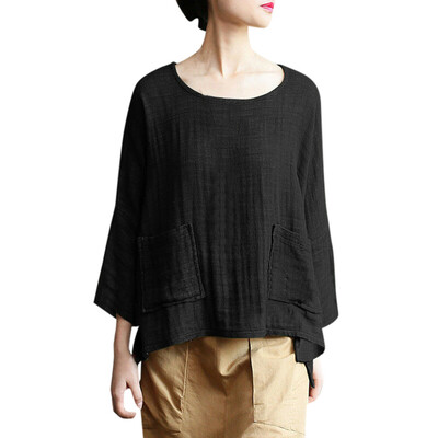 

Fashion Womens Casual Tops Pullover Round Neck Pocket Long Sleeve Blouse Shirt