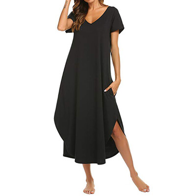 

Women Sexy Pajamas Cotton Solid Color V Neck Short Sleeve Nightdress Lingerie Home Clothing