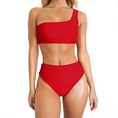 

Women Two Pieces Swimsuit One Shoulder Solid Bikini Set Bathing Swimwear
