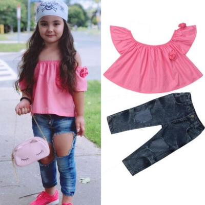 

UK Toddler Kids Baby Girls Off Shoulder Vest Tops T-shirt Pants Outfit Clothes