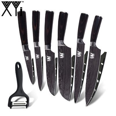 

XYj Kitchen Knives Imitating Damascus pattern Stainless Steel Knife Bend Wood Handle Cooking Accessories Tools