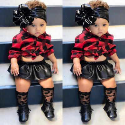US Newborn Kids Baby Girl Christmas Outfits Clothes Shirt TopsLeather Skirt Set