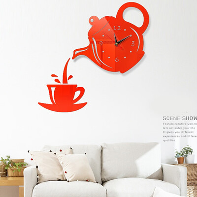 

Delicate Teapot Clock Wall Mirror Effect Cup Shape Decoration Home Decor