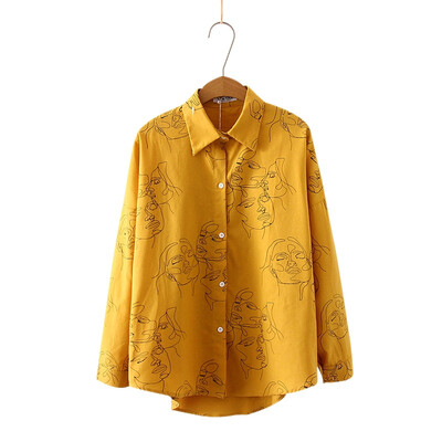 

Female Cotton Face Printing Full Sleeve Lapel Shirts Women Tops Ladies Clothing blusa feminina 2019 New Autumn Blouse Shirt
