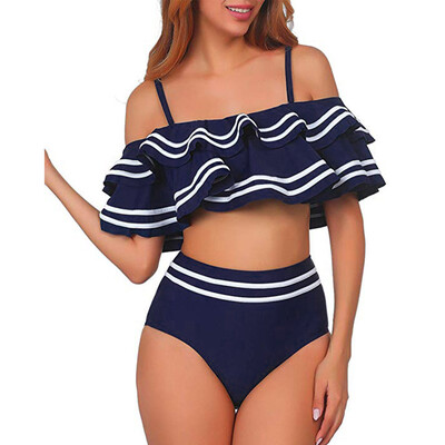 

Roseonmyhand Women 2 Piece Vintage Ruched Flounce Stripe Crop Top Bottom Bikini Set Swimwear