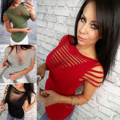 

2019 Women Hollow Out Bandage Bodycon Summer Short Sleeve Casual Tee Top T-Shirt