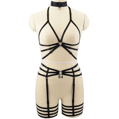 

Women Elastic Bandage Exposed Breast Bra Hollow Garter Set Pole Dance Sexy Underwear Lingerie