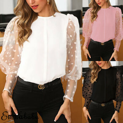 

Fashion Womens Sheer Mesh Lantern Long Sleeve Shirt Tops Loose Casual Blouse