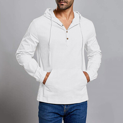 

Toponeto Mens Loose Cotton Blend Solid Color Hooded Button Long Sleeve Shirt Tops Blouse