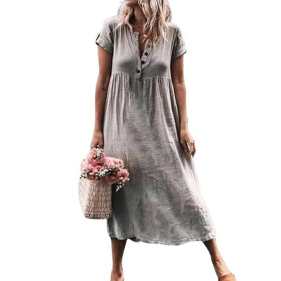 

Women Cotton Linen Long Dress Short Sleeve Casual Boho Kaftan Tunic Plus Size -3XL