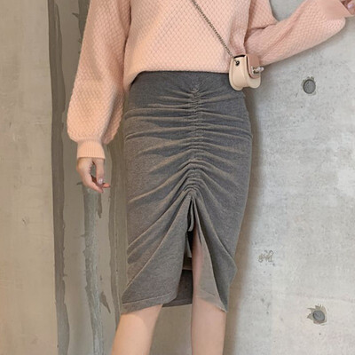 

Autumn Solid Drawing Rope Womens Skirt Fashion Casual Ladies Slim Knitted Skirt High Waist Pencil Skirt