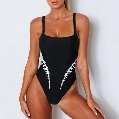 

Women One Piece Swimsuit Contrast Printed Plunge Scoop Neckine Padded Wireless Open Back Sexy Monokini