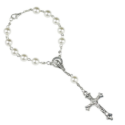 

Religious Jewellery Catholic Cross White Imitation Pearl Rosary Bracelet Unisex Pair Bracelet Men Jewellery Hot Gift