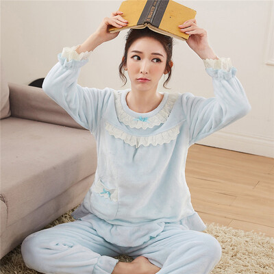 

Urban Beauty Warm Pajamas Womens Round Collar Pajamas Loose Thin Thick Long Sleeve Pants Set DSH026 Blue
