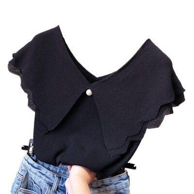 

Womens V Neck Solid Color T Shirt Short Sleeve Knitted Ruffles T-Shirt Casual Butterfly Sleeve Tee Tops For Ladies