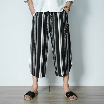 

Gobestart Mens Fashion Summer Casual Striped Drawstring Cotton Linen 34 Pants Trousers