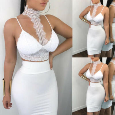 

Women Bodycon Two Piece Crop TopSkirt Set Lace Prom Party Clubwear Dress Set