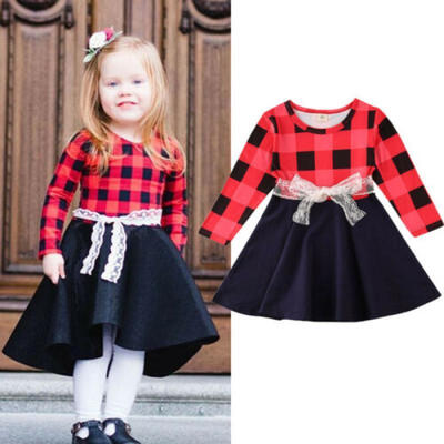 

Kids Baby Girl Long Sleeve Red Plaid Princess Dress Party Christmas Tutu Dress