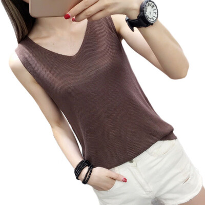 

Womens Fashion V Neck Shirts Sleeveless Solid Knitted Loose Tank Top Fitting Tee Tops