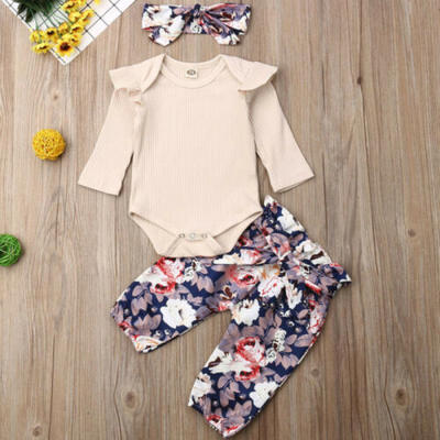 

3pcs Newborn Infant Baby Girls Romper Floral Pants Bodysuit Cotton Outfit Set