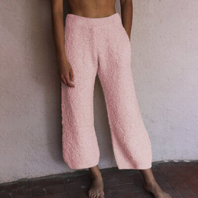 

Womens Elastic High Waist Crop Trouser Winter Warm Loose Wide Leg Bottoms Pants