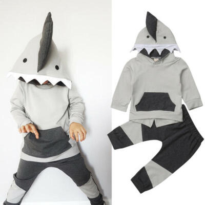 

US Stock Kids Toddler Baby Boy Shark Hooded Tops Coat Pants Outfit Clothes 6M-4T