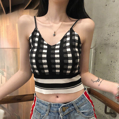 

Womens Sexy V Neck Sleeveless Plaid Print Knitted Camisole