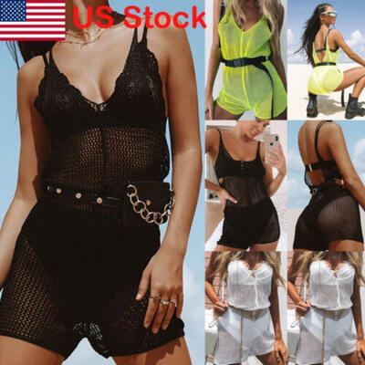 

USA Women Mesh Bodycon Jumpsuit Bodysuit Net See Through Cover Up Beach Swimwear