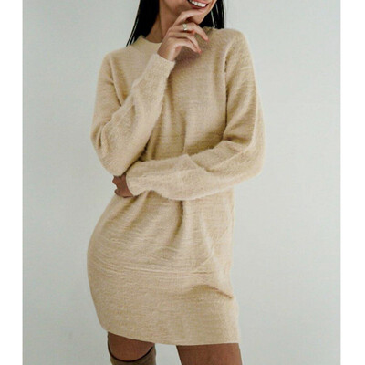 

Women Winter Warm Long Sleeve Solid Sweater Fleece Warm Backless Short Mini Dress