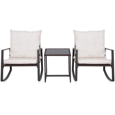 

3 PCS Patio Rocking Wicker Bistro Set Outdoor Rattan Wicker Set w Beige Cushion-Beige