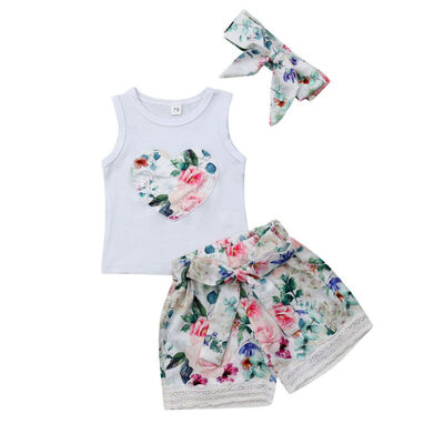 

Summer Newborn Baby Girl Clothes Floral TopsLace Pants Outfits Sunsuit Headband