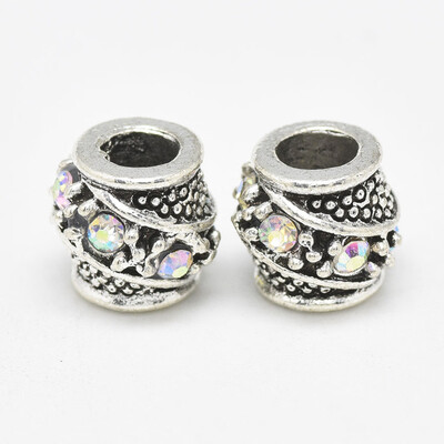 

Alloy European Beads with Rhinestones Large Hole Beads Long-Lasting Plated Barrel Antique Silver Crystal AB 11x9mm