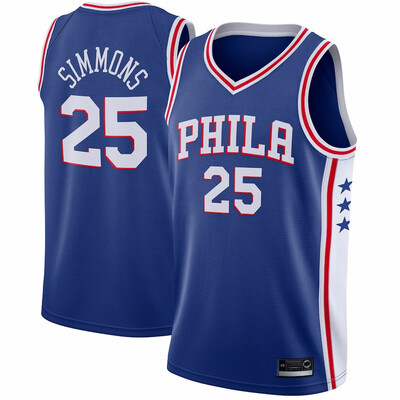 

2019 New Mens Philadelphia 76ers 25 Ben Simmons Red White Gray Blue Basketball Jersey Size -XXL