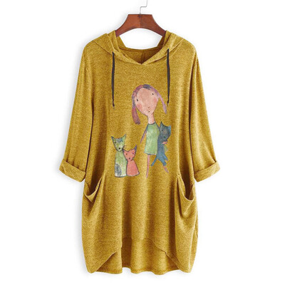 

Starmoon Women Casual Print Long Sleeves Side Pocket Hooded Irregular Top Blouse Shirts