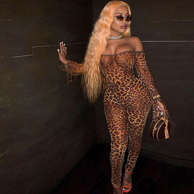 

Women Sexy Mesh Sheer Leopard Print Ruffle Sleeve Long Jumpsuit Romper Clubwear