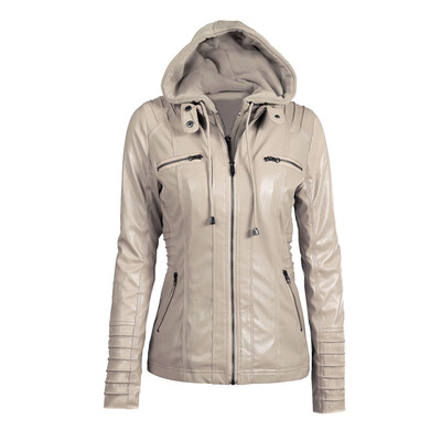 

Womens Faux Leather Hooded Jacket Zippered Hoodie Short Slim Motorcycle Jacket Coat