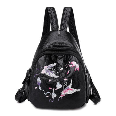 

Chinese Style Embroidery Travel Backpacks Women Leather Shoulder Schoolbags