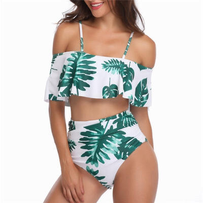 

Sexy Women Bikini Set Ruffles Swimsuit Floral Swimwear Push Up Padded Bra Plant Print Bathing Suit Beachwear