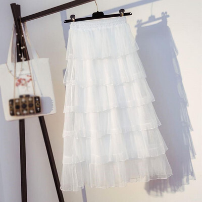 

Spring Summer Sweet Cake Layered Long Mesh Skirts Princess High Waist Ruffled Vintage Tiered Tulle Pleated ins Skirts Lace